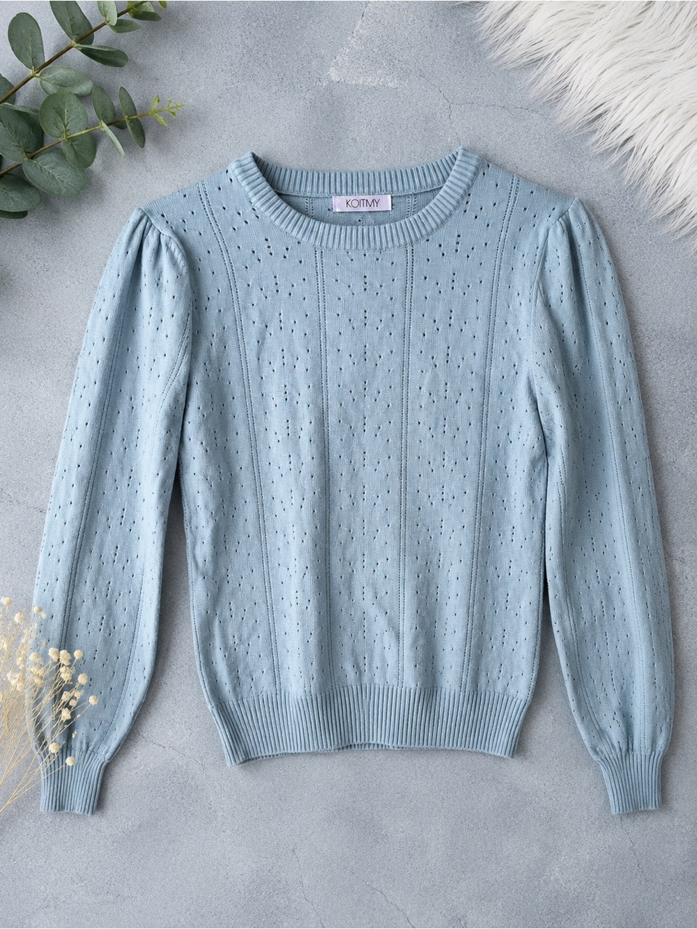 koitmy Pastel Blue Pointelle Crewneck Sweater